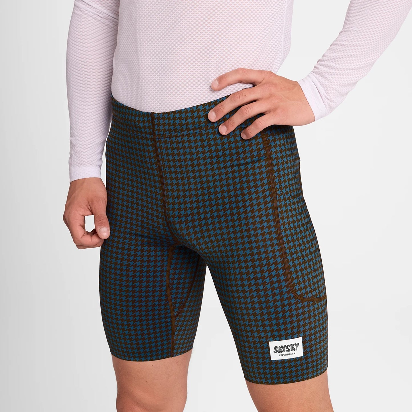 【SAYSKY】  Houndstooth Combat+ Short Tights 9inch - Blue Houndstooth Aop [メンズ]